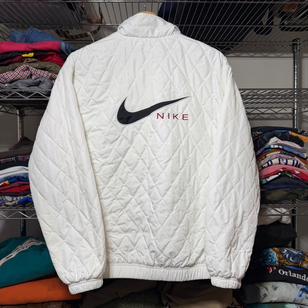 Nike Quilted Jacket Womens M White Big Swoosh Full Zip Vintage Bomber Coat
